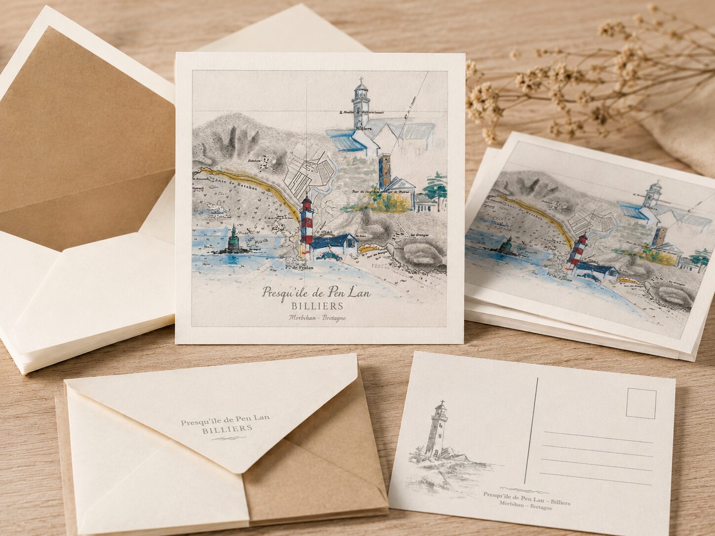 Cartes postales illustrant la presqu’île de Pen Lan à Billiers sur fond de carte marine, disposées sur une table en bois.