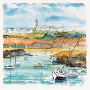 Aquarelle-bateaux-anse-bretagne Peinture à l'aquarelle représentant des voiliers au mouillage dans une anse à marée basse, avec un village côtier et son clocher en arrière-plan