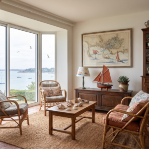 decoration-salon-breton-cadre-carte-marine-baie-bretonne Salon de style bord de mer avec mobilier en rotin, tapis en sisal, une table basse décorée de coquillages et un grand cadre affichant une carte marine illustrée au-dessus d'une commode en bois