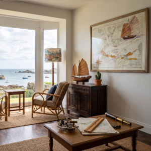 Salon lumineux d'inspiration marine avec un fauteuil en rotin, une table basse accueillant des instruments de navigation, et un grand cadre en bois accroché au mur montrant une illustration de jonque sur une carte maritime