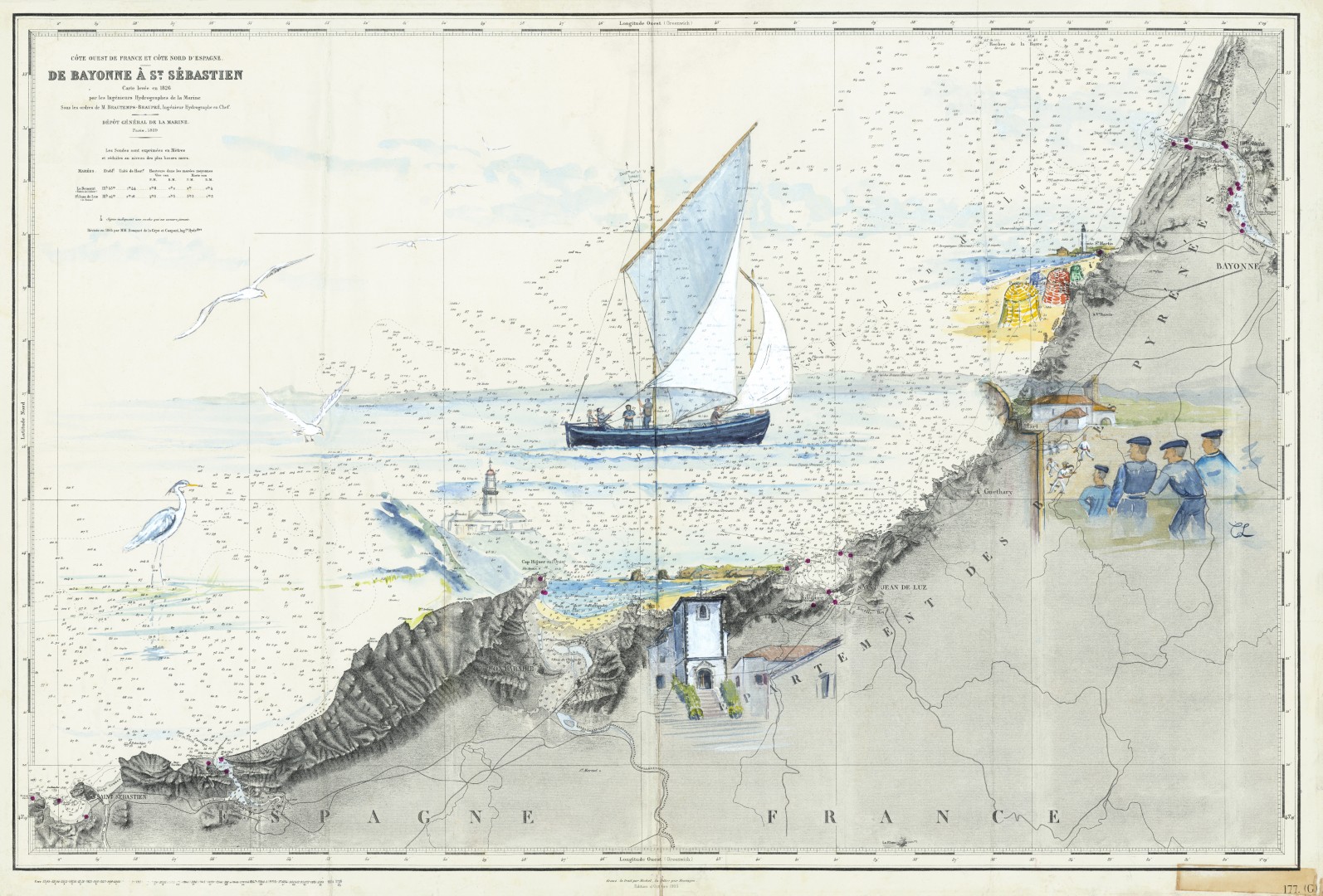 Illustration à l'aquarelle d'un voilier traditionnel basque, de marins et de scènes côtières superposés sur une ancienne carte marine reliant Bayonne à Saint-Sébastien
