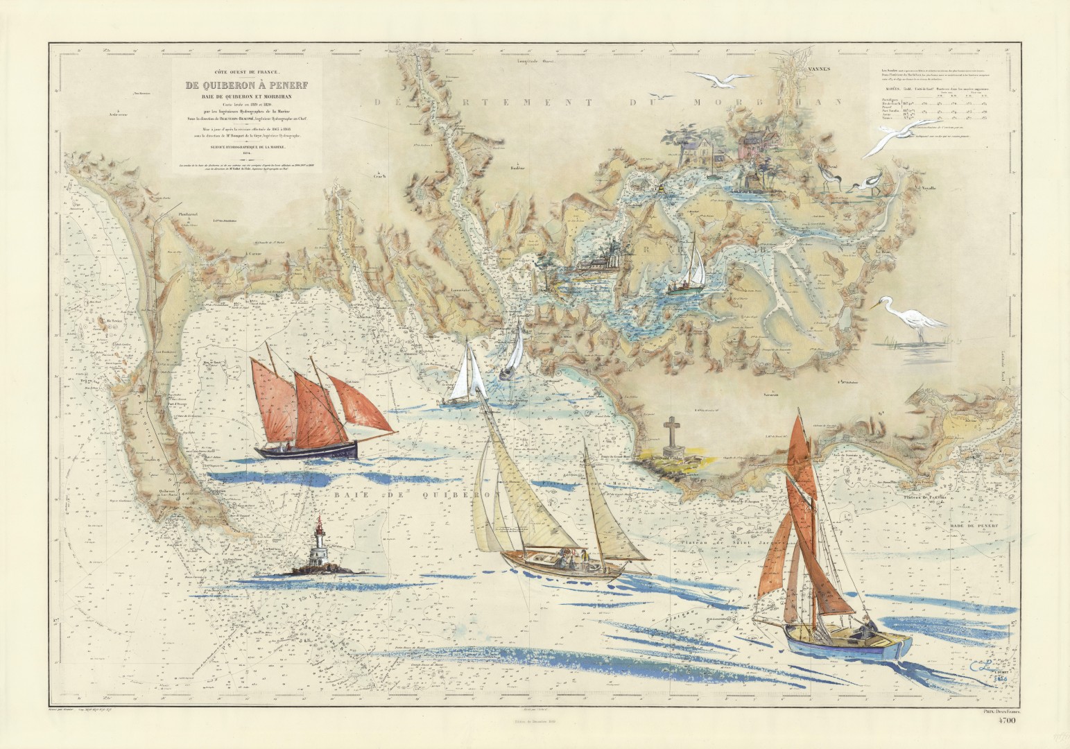 voiliers en baie de Quiberon. Aquarelles réalisées sur une ancienne carte marine allant de Quiberon à Pénerf
