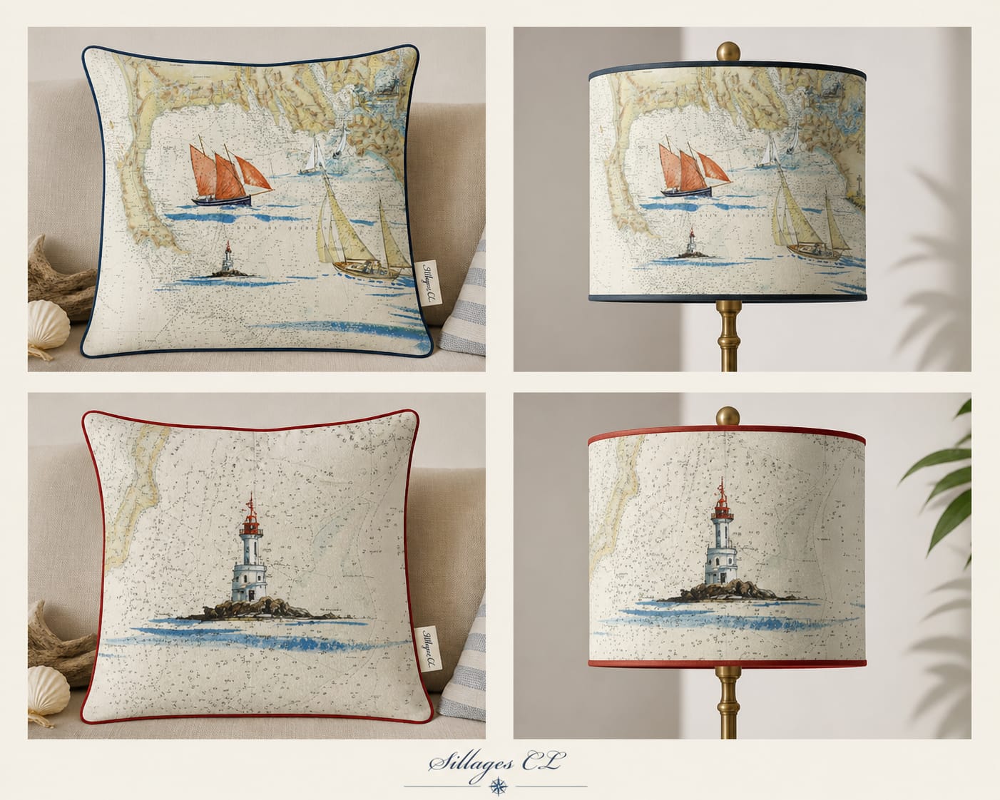 Coussins et abat-jours marins illustrés de voiliers et d’un phare sur carte nautique stylisée.