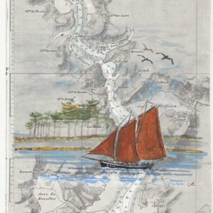 Voilier traditionnel aux voiles rouges naviguant sur une carte marine de la rivière d’Auray