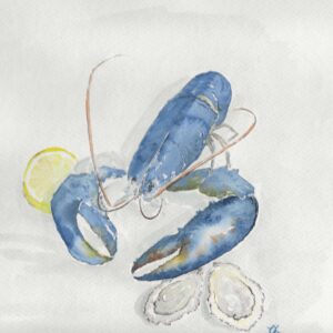 Aquarelle d'un homard bleu accompagné d'huîtres et d'un quartier de citron