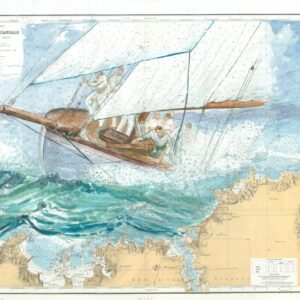 Voilier de régate penché dans la houle sur une carte marine de la baie de Saint-Malo.