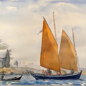 Sinagot aux voiles ocres glissant devant l’île de Boëdic et sa petite chapelle.