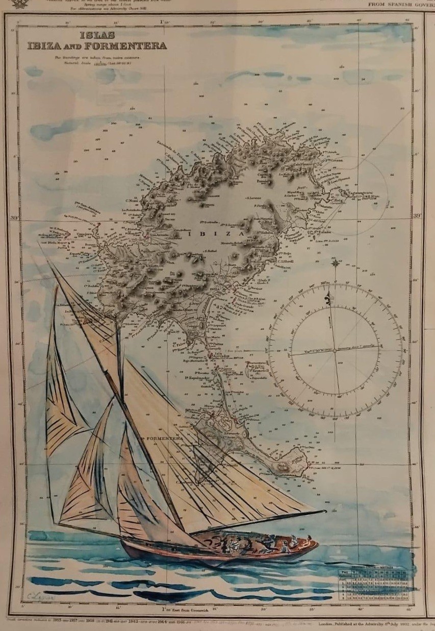 Voilier toutes voiles dehors glissant au large d’Ibiza et Formentera sur une ancienne carte marine.