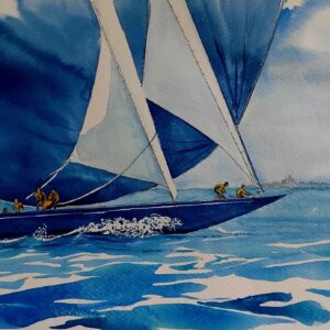 Voilier bleu sous spi – scène de régate