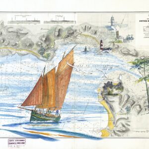 Voilier traditionnel aux voiles rouges naviguant sur une carte marine de l’estuaire de la Vilaine, avec phares, côte bretonne et oiseaux de mer.