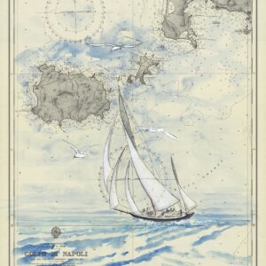 Elégant voilier aux voiles blanches glissant sur le golfe de Naples, peint sur une carte marine ancienne.