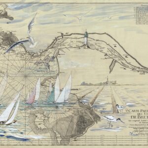 Régate de voiliers sur une ancienne carte marine des côtes de Bretagne, animée d’oiseaux de mer et de salines.