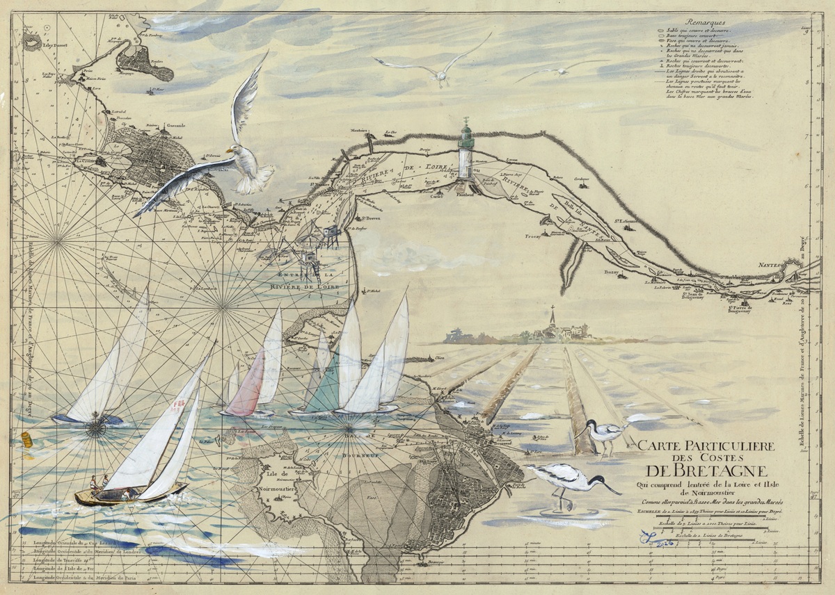 Régate de voiliers sur une ancienne carte marine des côtes de Bretagne, animée d’oiseaux de mer et de salines.